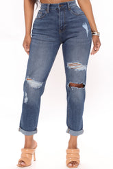 Too Fancy Distressed Mom Jeans - Medium Blue Wash Ins Street